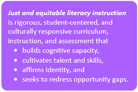 Just and equitable literacy instruction is rigorous, student-centered, and culturally responsive curriculum, instruction, and assessment that 
•	builds cognitive capacity,
•	cultivates talent and skills,
•	affirms identity, and
•	seeks to redress opportunity gaps. 
